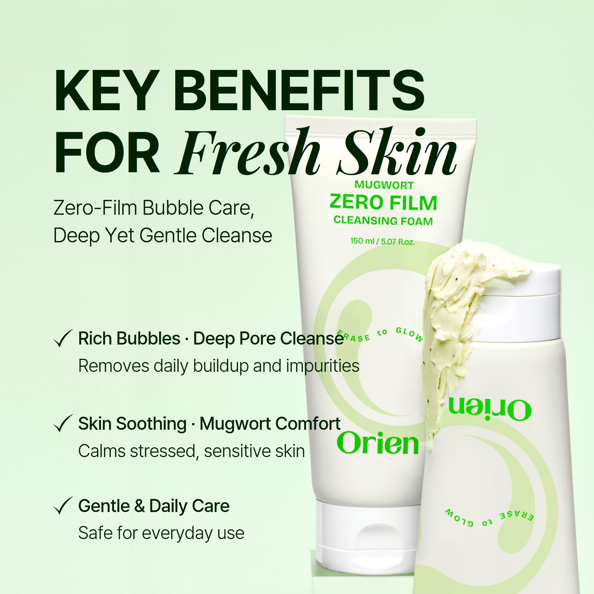 Orien Mugwort Zero Film Cleansing Foam fragrance-free formula for sensitive skin routines.