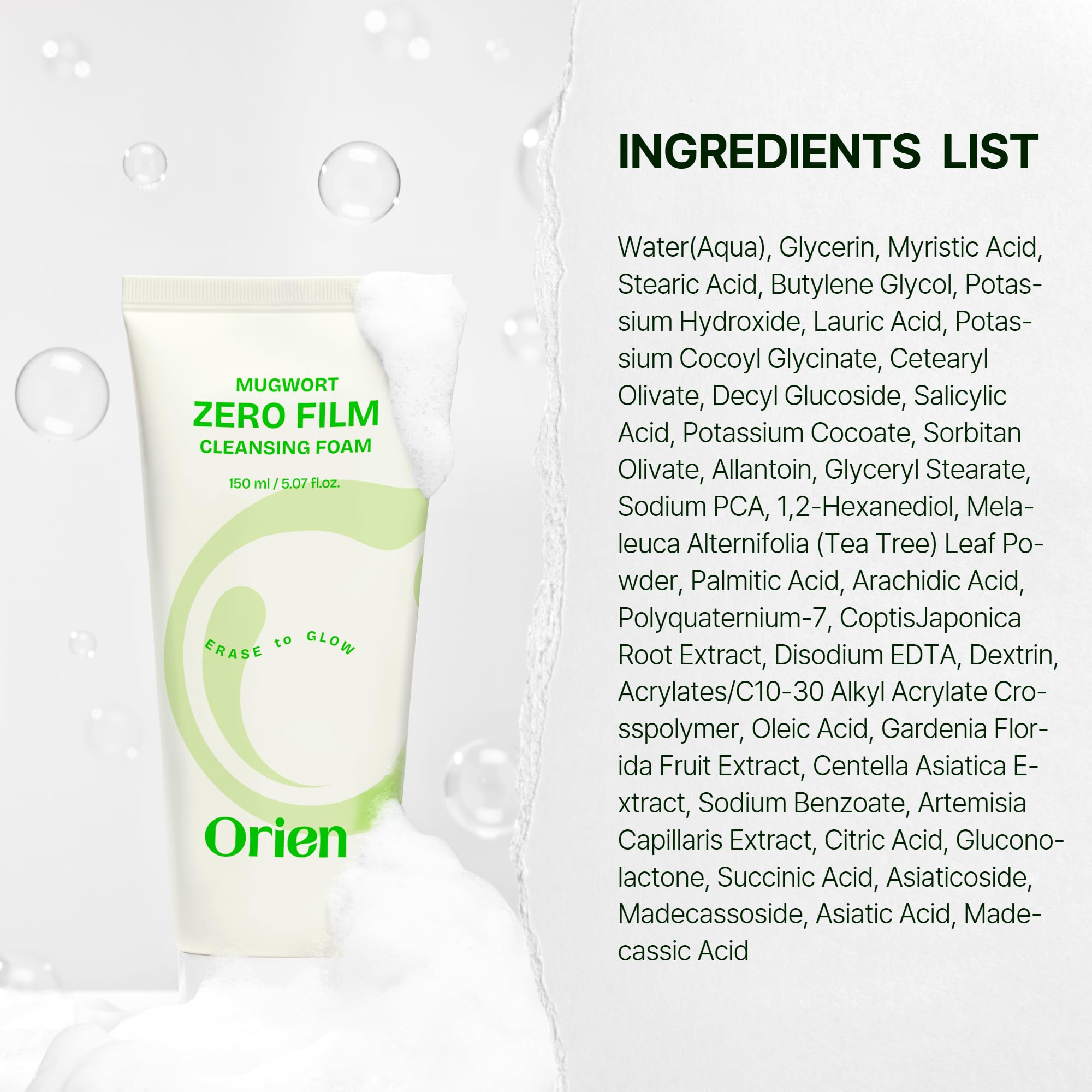 Orien Mugwort Zero Film Cleansing Foam shown for daily double cleansing.