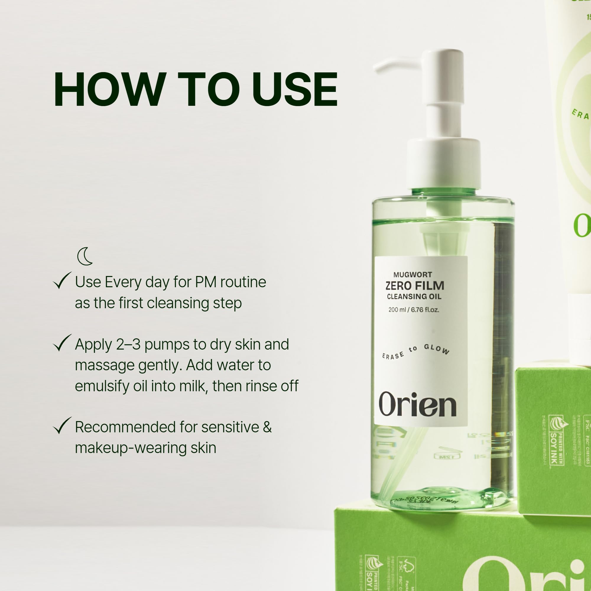 Orien Mugwort Zero Film Cleansing Oil centella extract note highlights soothing skincare benefits in formula.