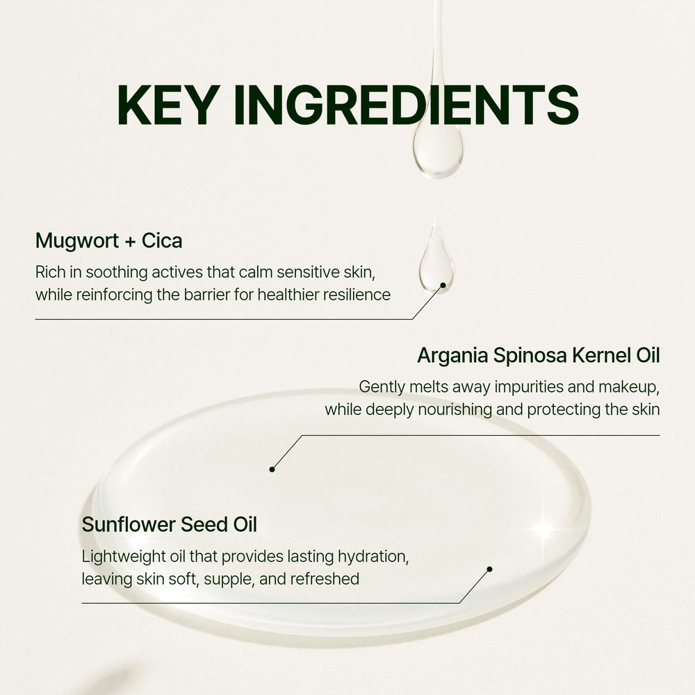 Orien Mugwort Zero Film Cleansing Oil in hand during cleansing routine, ready to emulsify makeup.