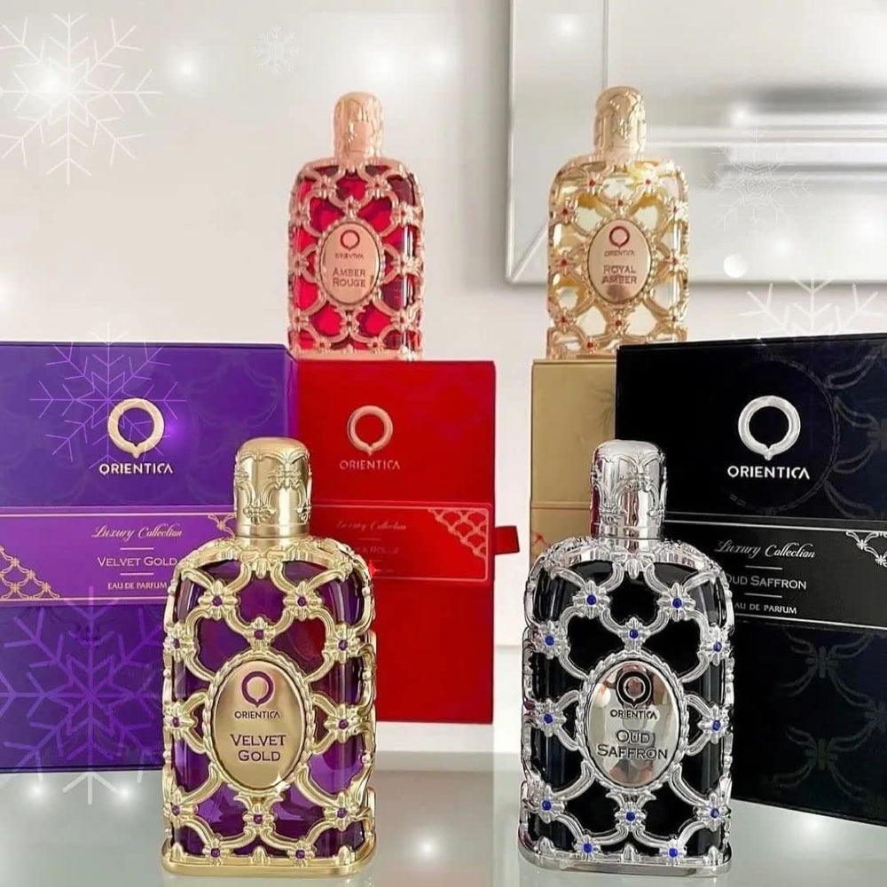 Orientica Amber Rouge 80ml label demonstrates generous size for long-lasting scent.