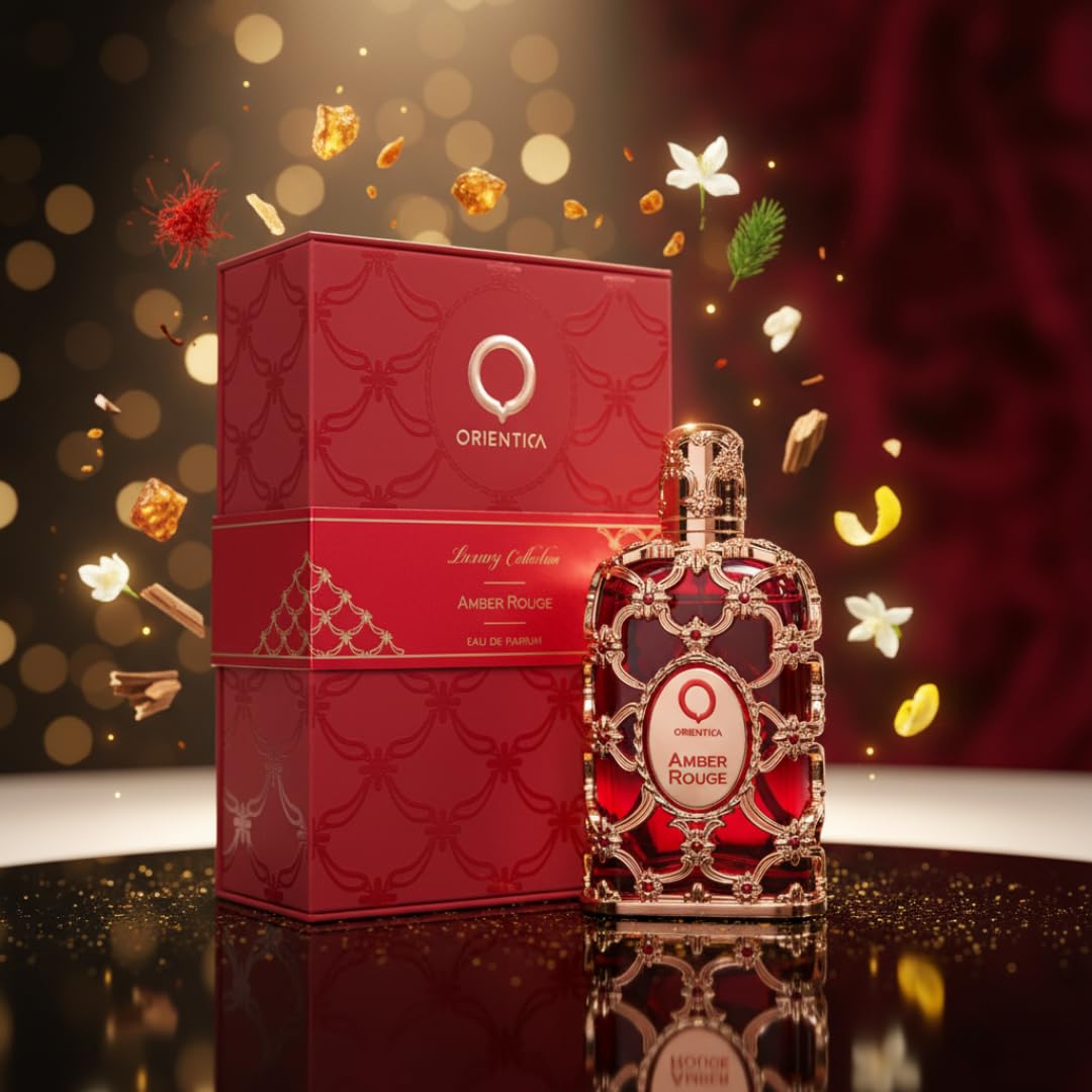 Orientica Amber Rouge base-notes emphasize moss, amber, and seaweed for earthy longevity.