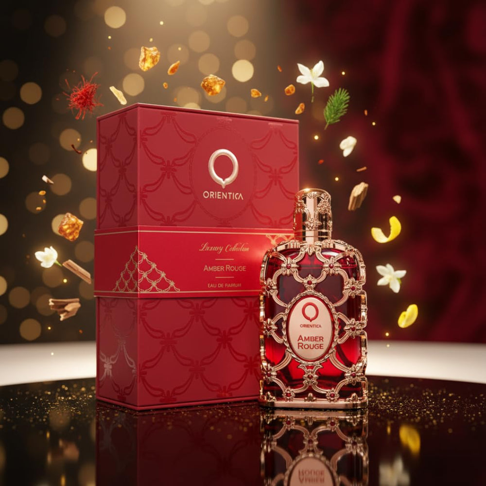 Orientica Amber Rouge base-notes emphasize moss, amber, and seaweed for earthy longevity.