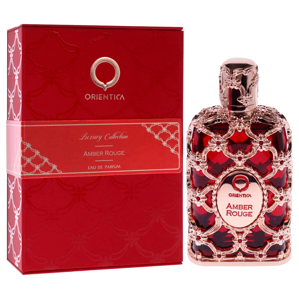 Orientica Amber Rouge heart-notes feature saffron and praline for a warm gourmand vibe.
