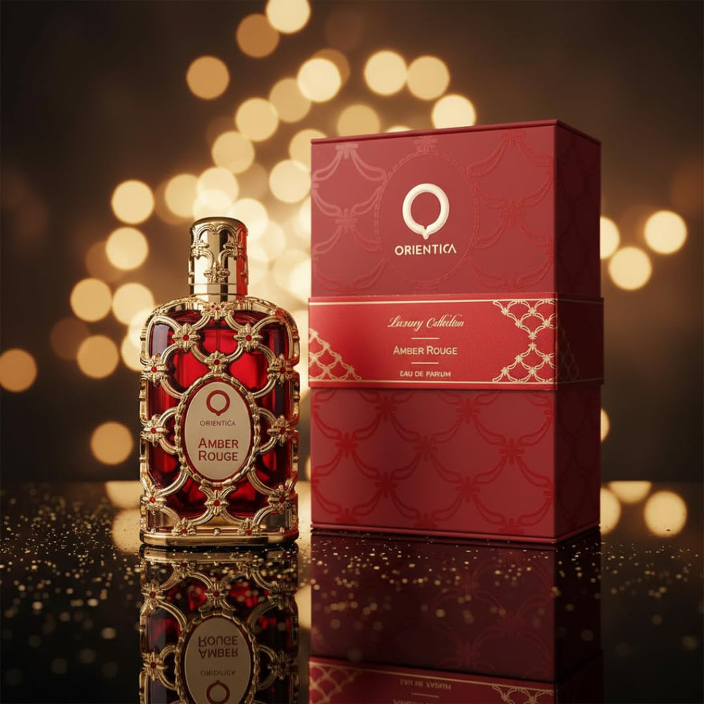 Orientica Amber Rouge top-notes evoke jasmine and orange for a bright first impression.