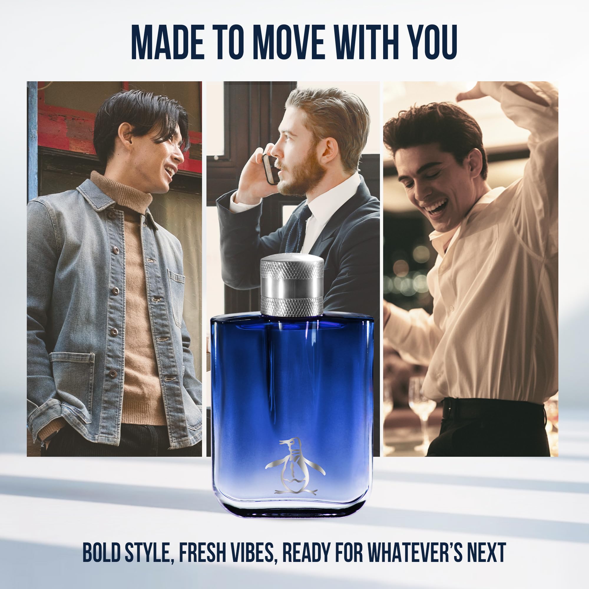 Original Penguin Penguin Ice Blue EDT bottle angled view for easy daily handling