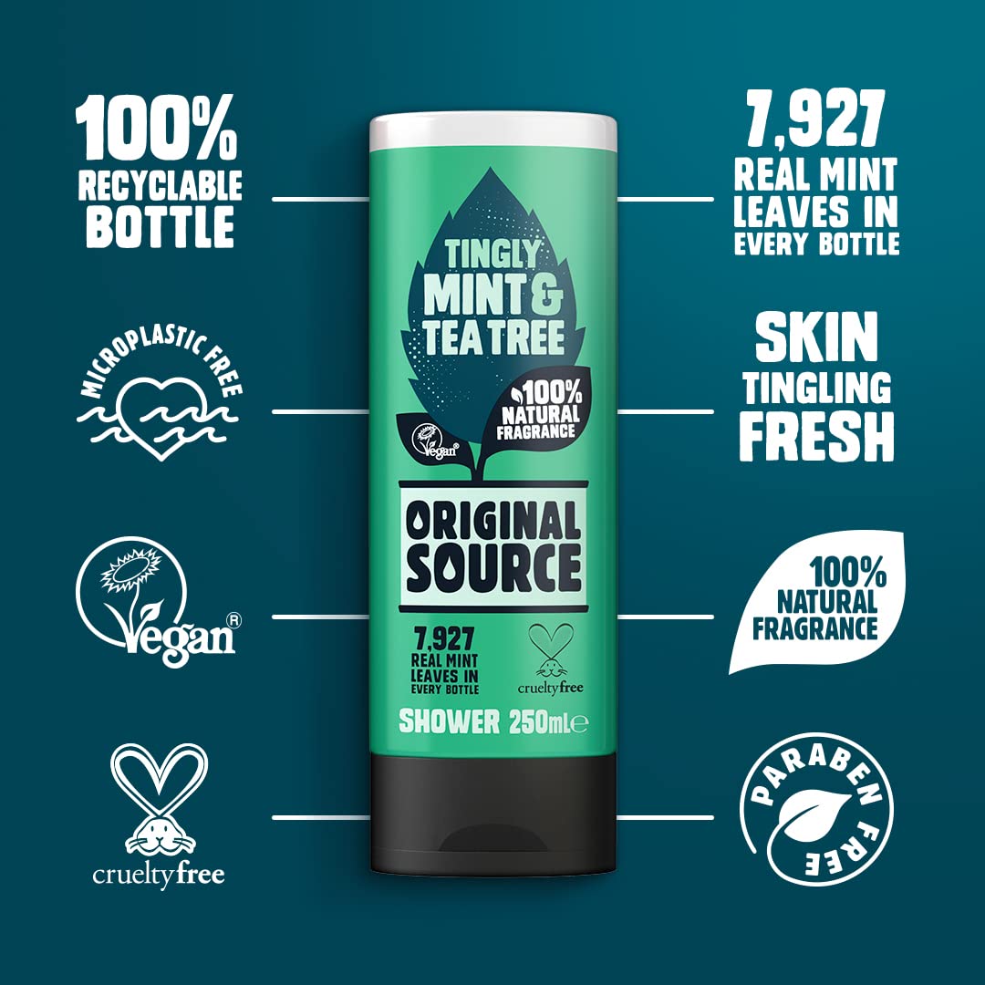 Close-up of Original Source Tea Tree & Mint Shower Gel bottle with invigorating lather.