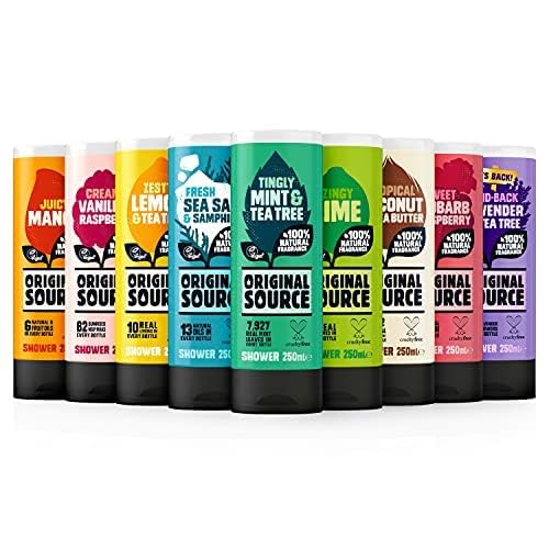 Collection of Original Source Tea Tree & Mint Shower Gel bottles shown for gift-ready mornings.