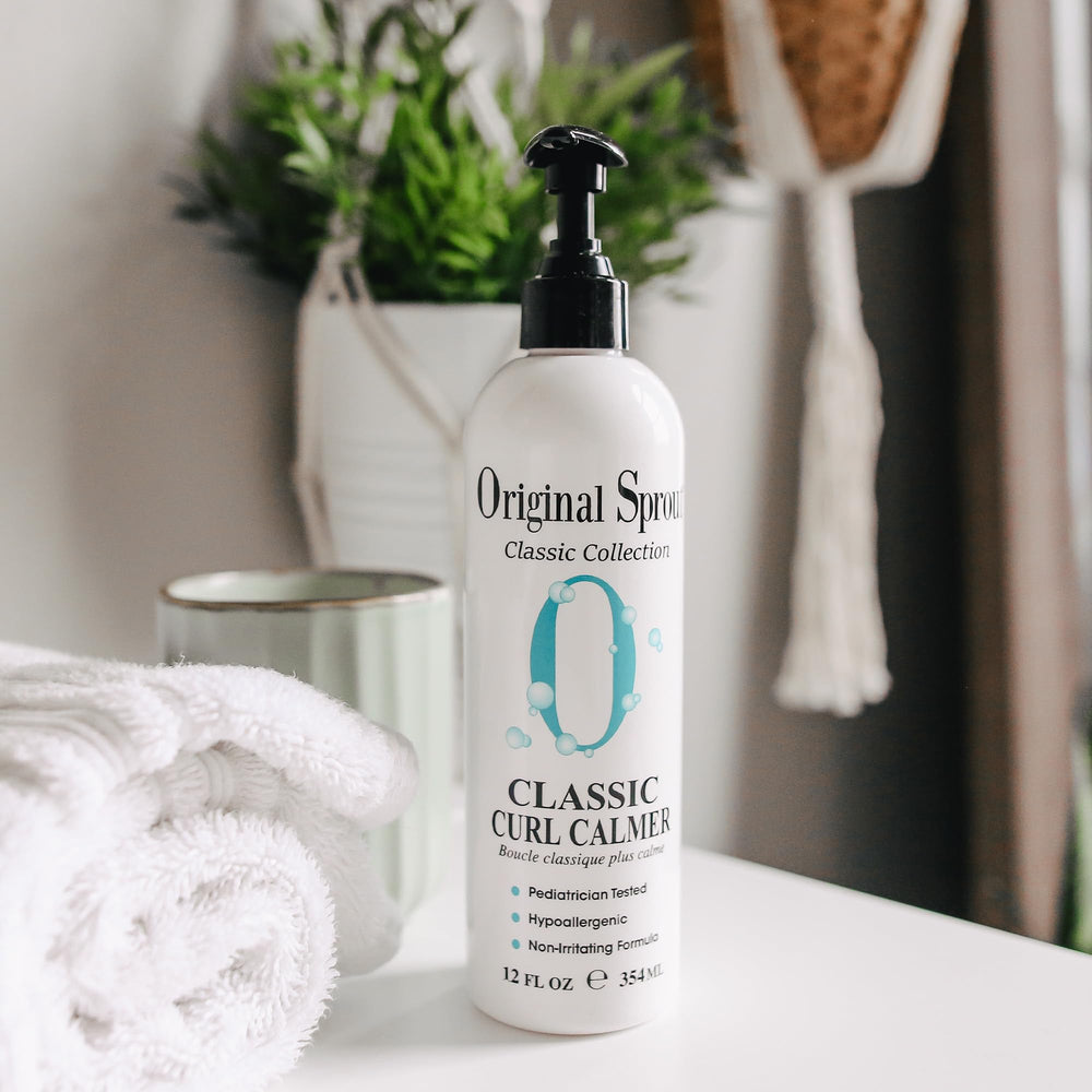 Original Sprout Curl Calmer bottle pour demonstrates easy application for smooth curls