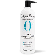 Original Sprout Deep Conditioner bottle on bathroom shelf signaling silky, manageable hair.