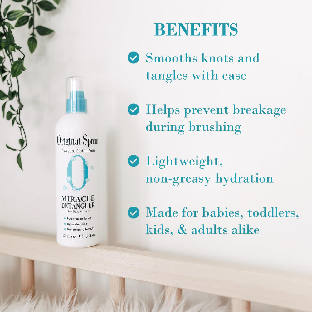 Original Sprout Miracle Detangler Spray being applied with brush to smooth knots.
