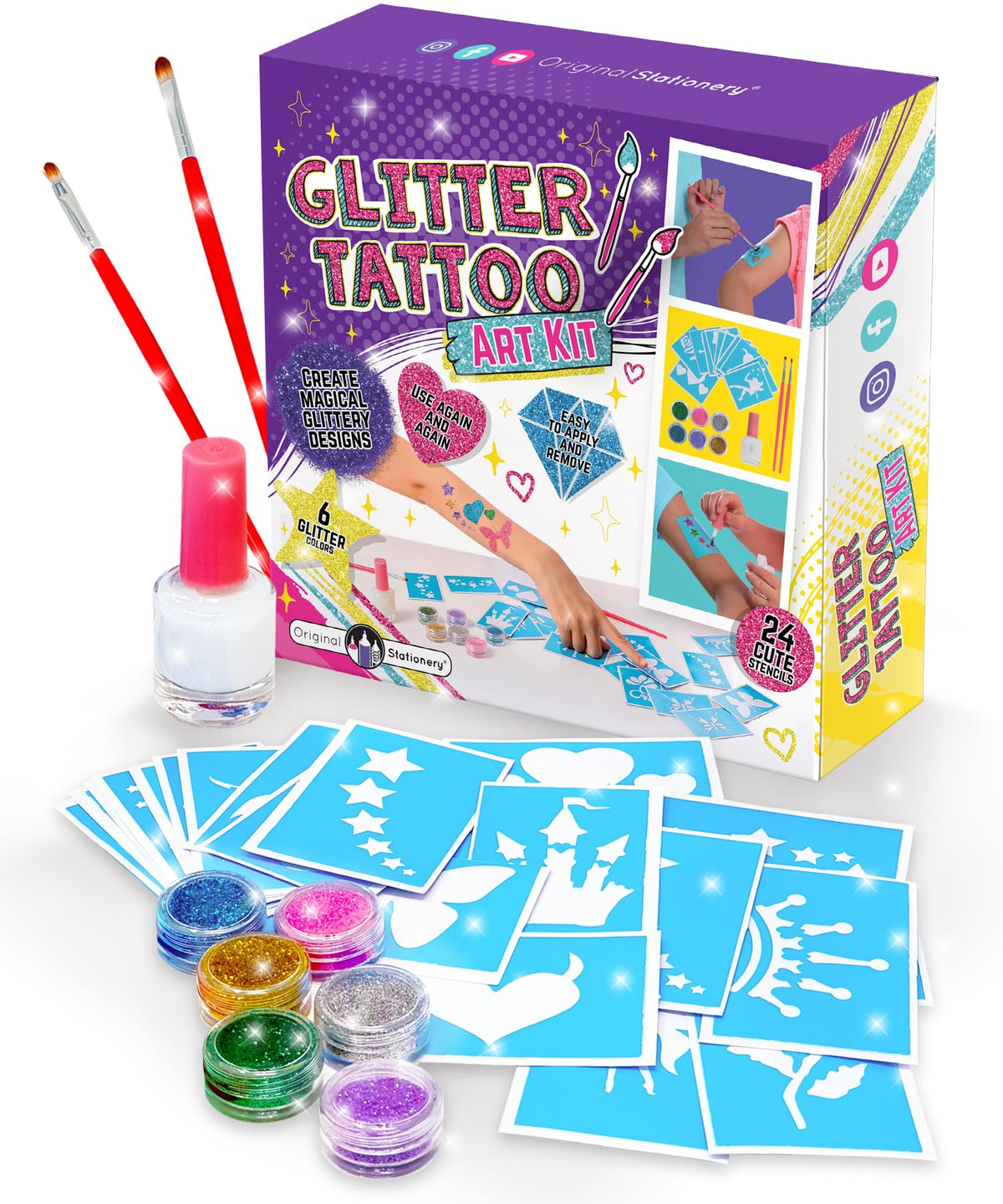 Original Stationery glitter tattoo kit color palette for vibrant, creative play