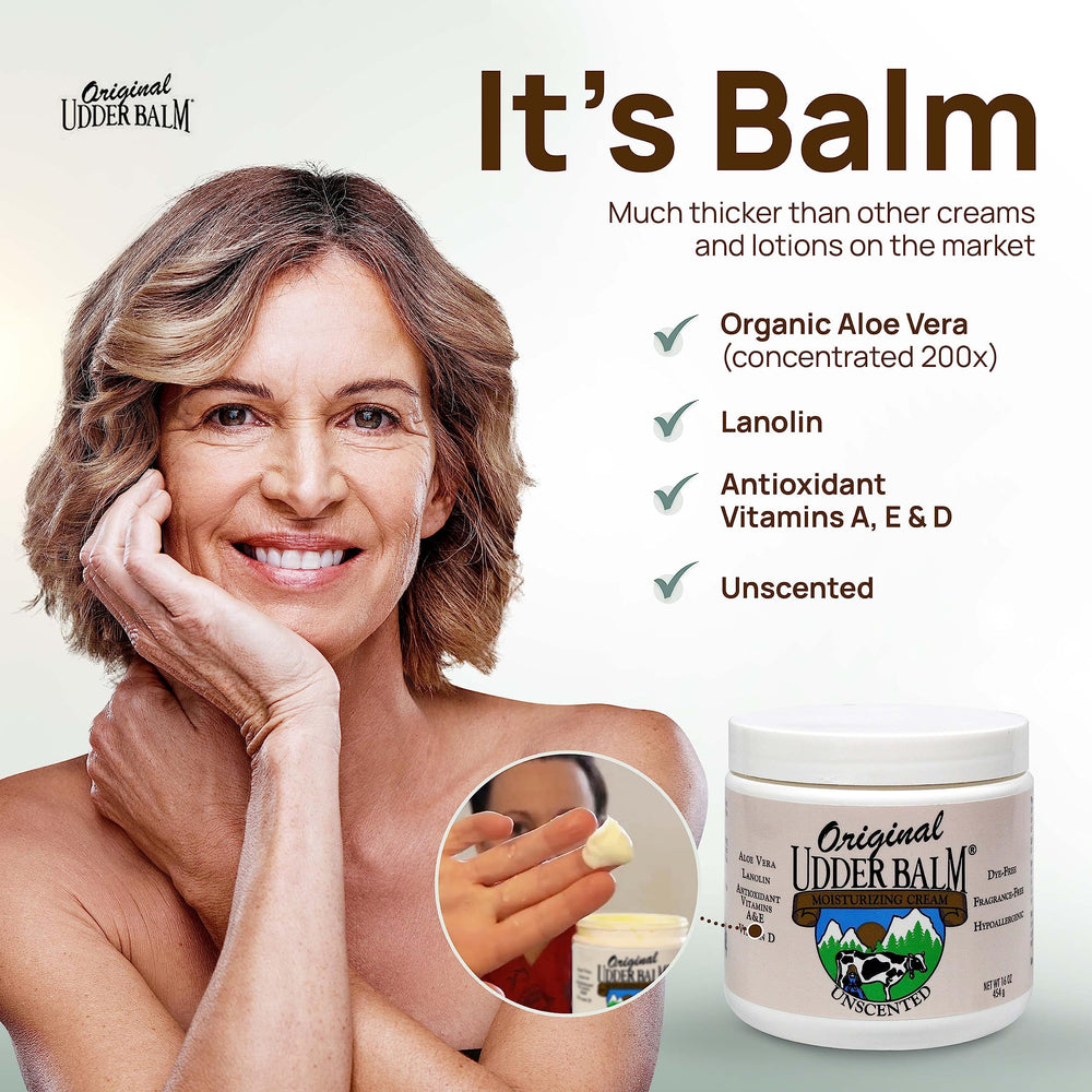 Original Udder Balm fragrance-free formula closeup conveys hypoallergenic skin care.