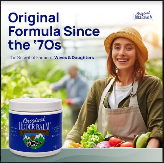 Original Udder Balm jar USA-made badge indicates American-made quality.