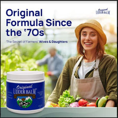 Original Udder Balm jar USA-made badge indicates American-made quality.
