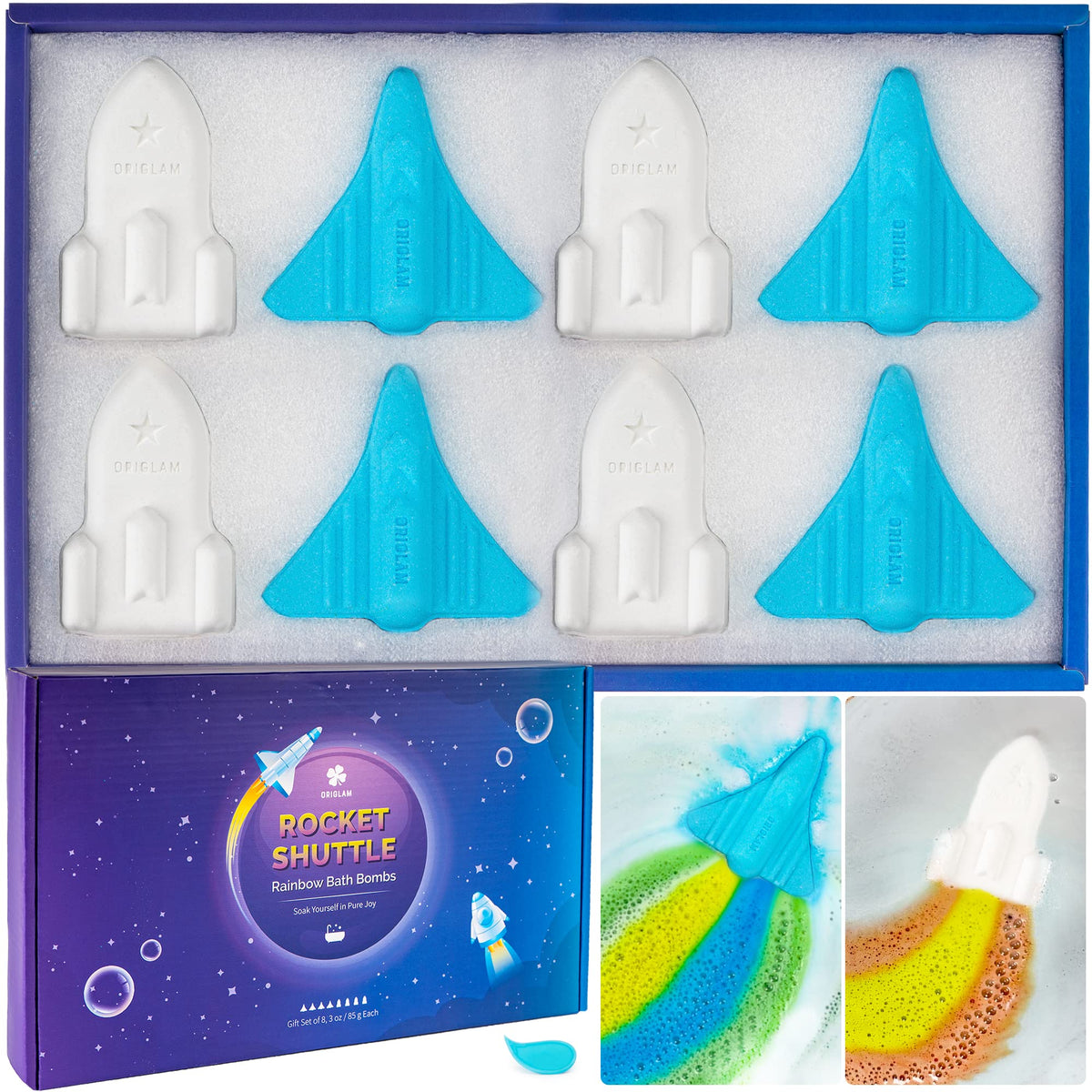 ORIGLAM rocket bath bomb creates blue foam with color trails for a playful bath