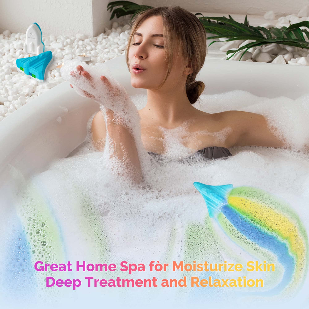 ORIGLAM space-rocket-bath-bomb-blue-foam demonstrates engaging tub bubbles.