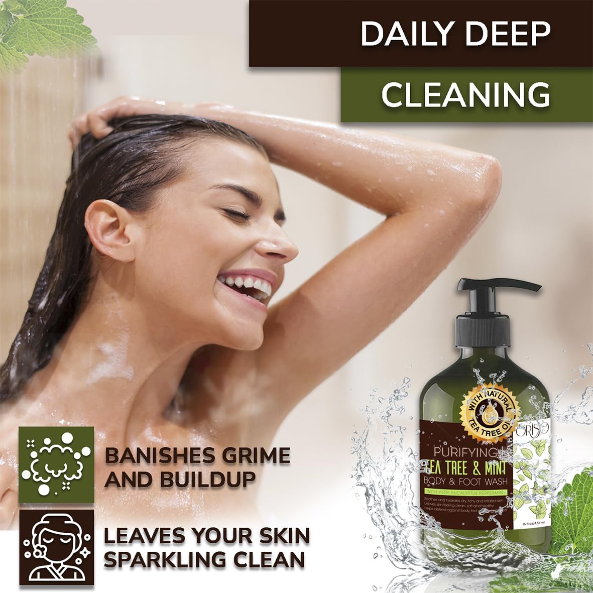 ORISO Tea Tree Mint Body Wash lather demonstrates rich foam ideal for thorough cleaning.