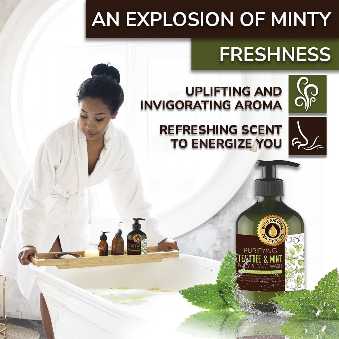 Minty cooling extract from ORISO body wash promotes refreshing shower ritual.