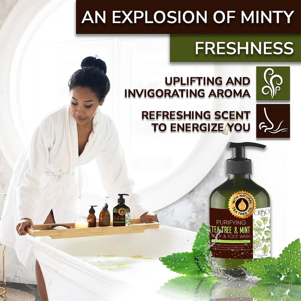 Minty cooling extract from ORISO body wash promotes refreshing shower ritual.