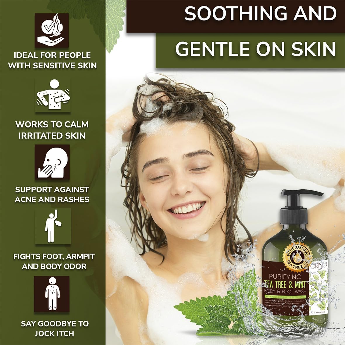 Closeup of tea tree oil from ORISO formula highlighting natural scent and skin comfort.