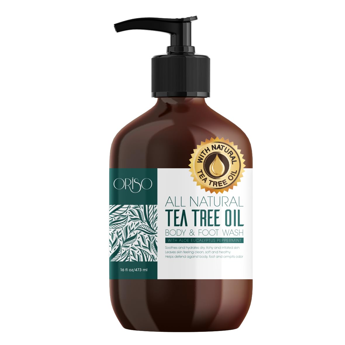 ORISO Tea Tree Oil Body Wash bottle being poured for a refreshing daily cleanse with aloe