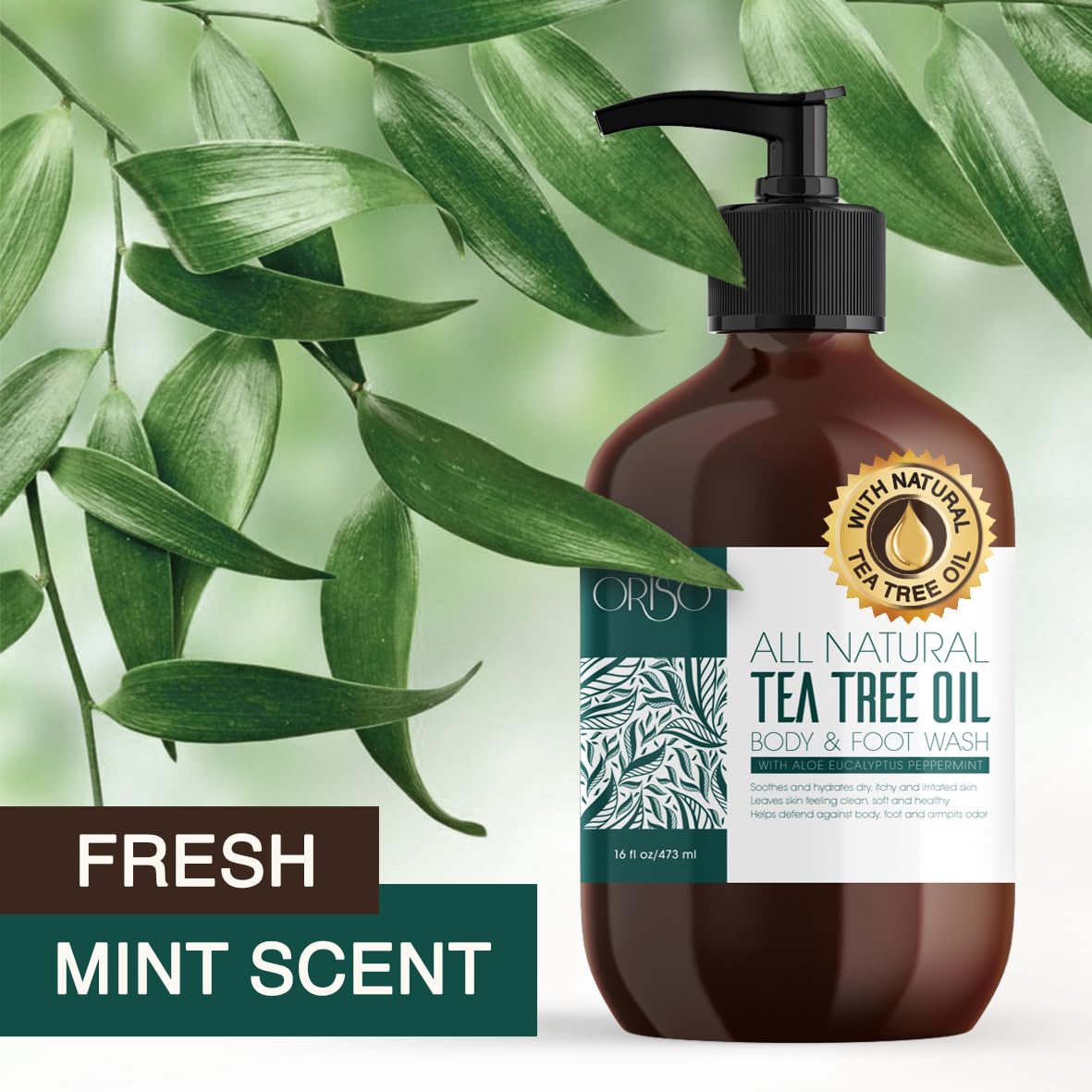 ORISO Tea Tree Oil Body Wash label closeup highlighting sulfate-free formula and natural ingredients