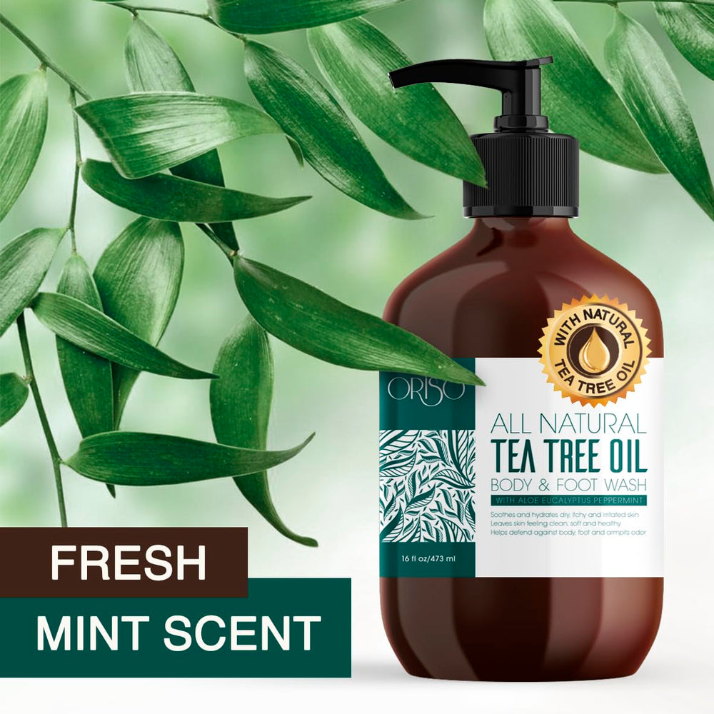 ORISO Tea Tree Oil Body Wash label closeup highlighting sulfate-free formula and natural ingredients