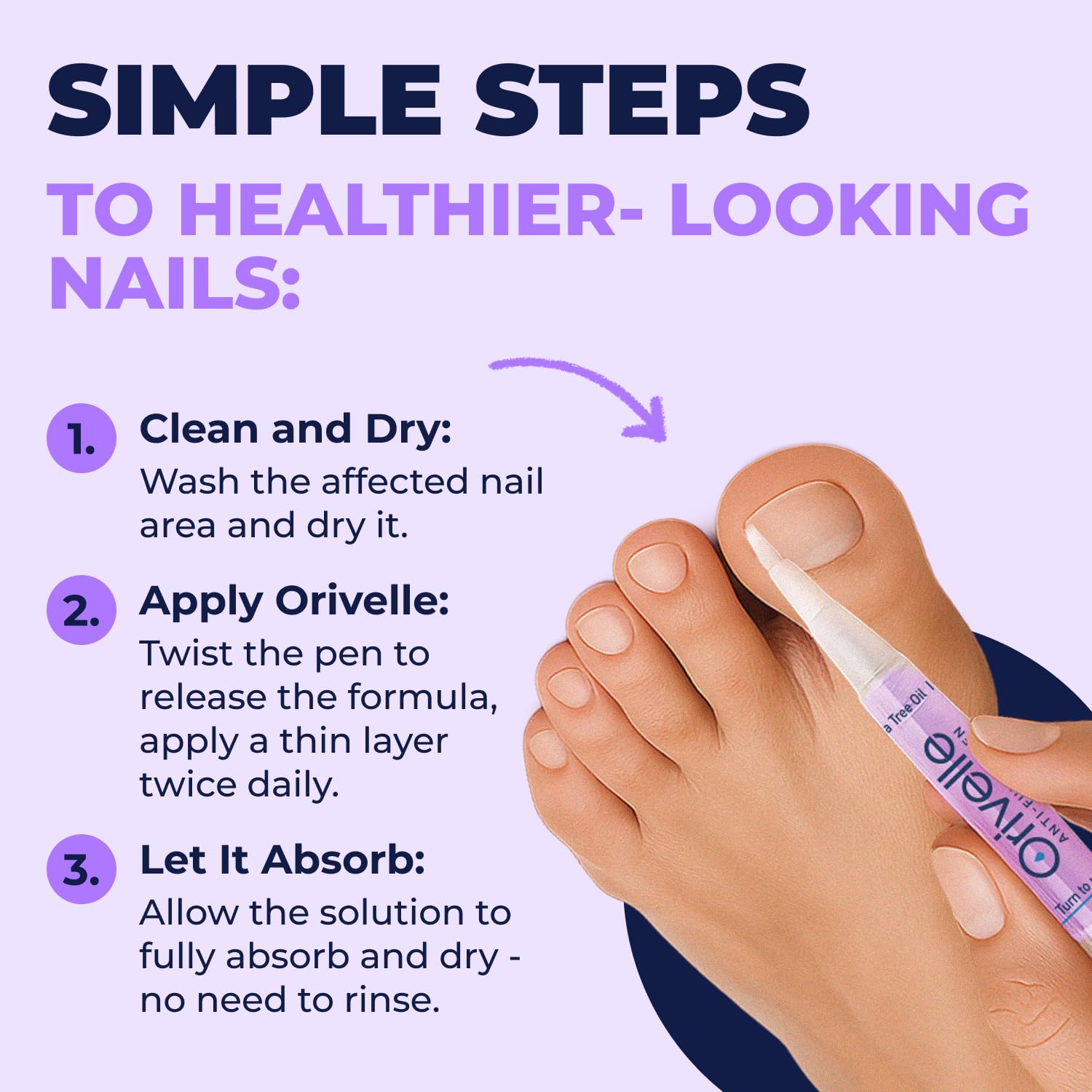 Orivelle Nail Fungus Pen tea tree oil detail highlighting key ingredient.