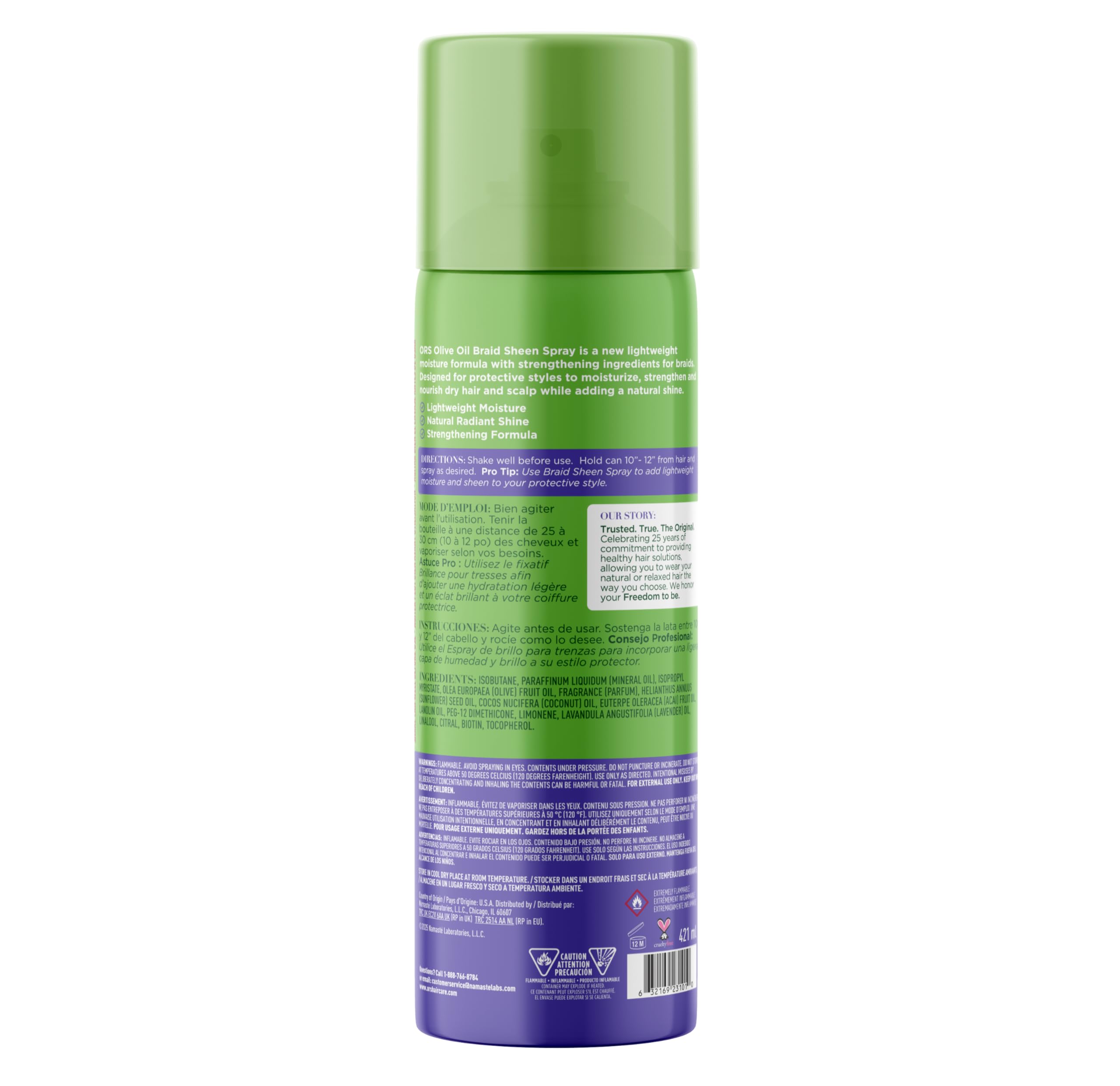 ORS Olive Oil Braidzone ingredients closeup shows lavender, acai, and biotin for nourishing protection.