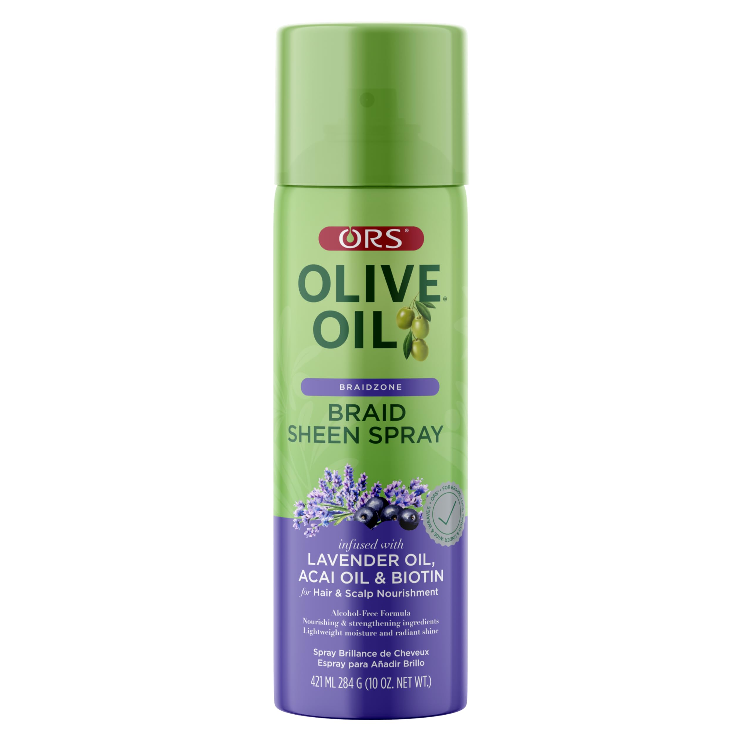 ORS Olive Oil Braidzone spray bottle highlights lavender for daily moisture and natural shine.