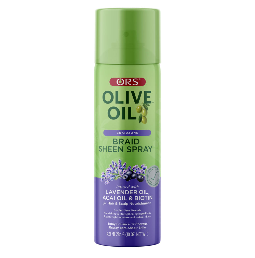 ORS Olive Oil Braidzone spray bottle highlights lavender for daily moisture and natural shine.