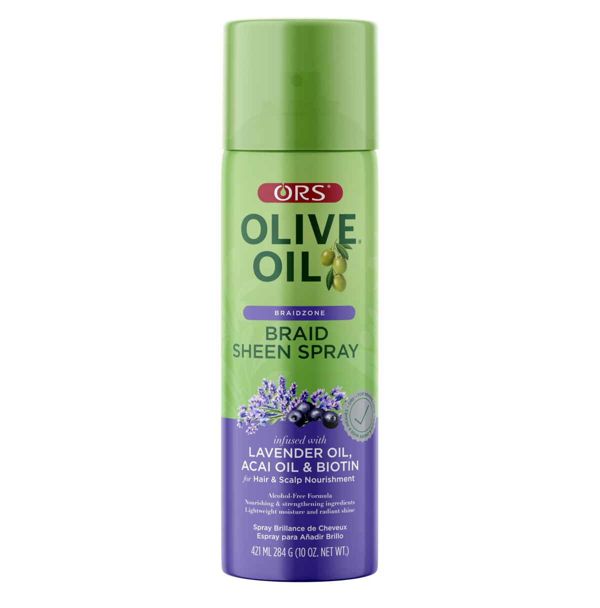 ORS Olive Oil Braidzone spray bottle highlights lavender for daily moisture and natural shine.