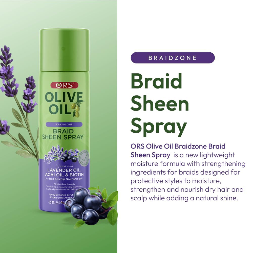 ORS Olive Oil Braidzone spray on braids demonstrates lightweight moisture without residue.