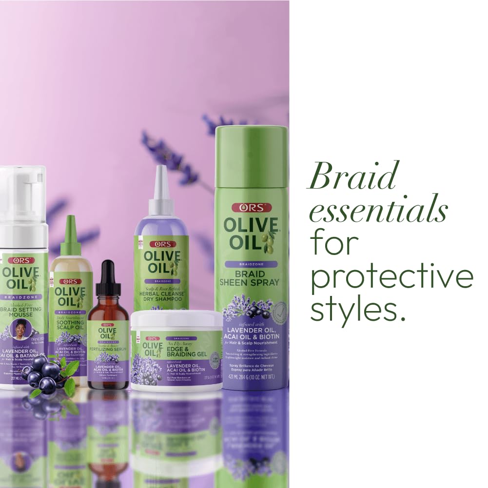 ORS Olive Oil Braidzone product with shine on braids emphasizes vibrant, hydrated looks.