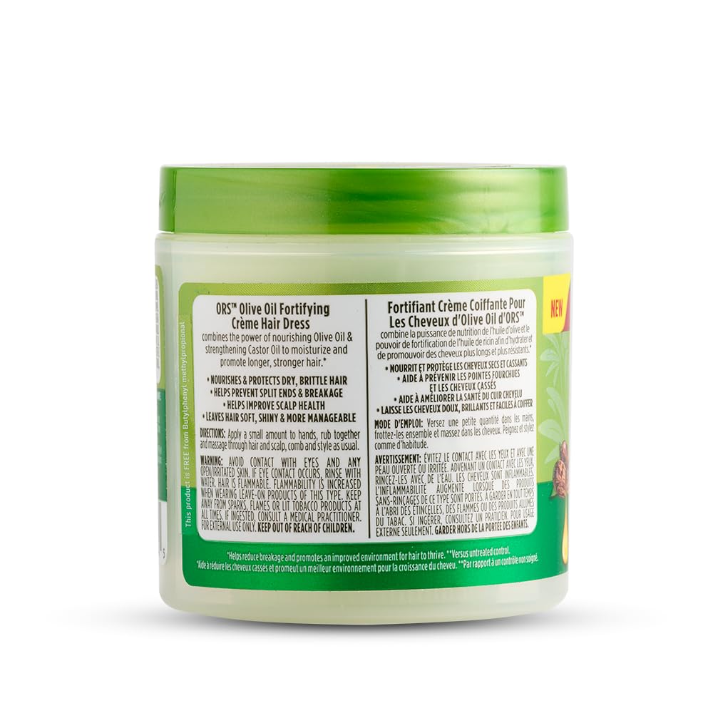ORS Olive Oil Fortifying Cream Hair Dress ingredients list including olive and castor oils