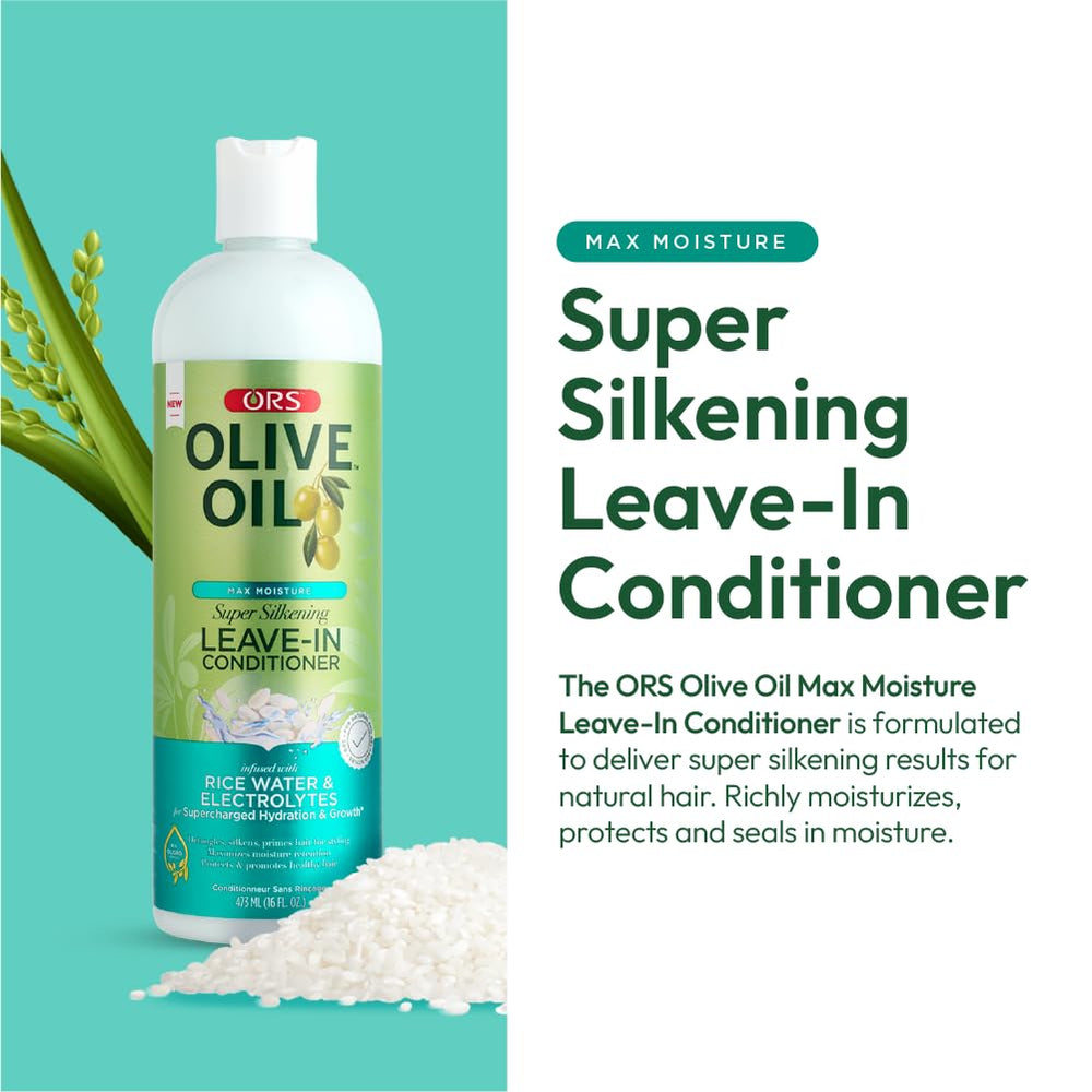 ORS Olive Oil Max Moisture bottle pour showing easy application and instant hydration.