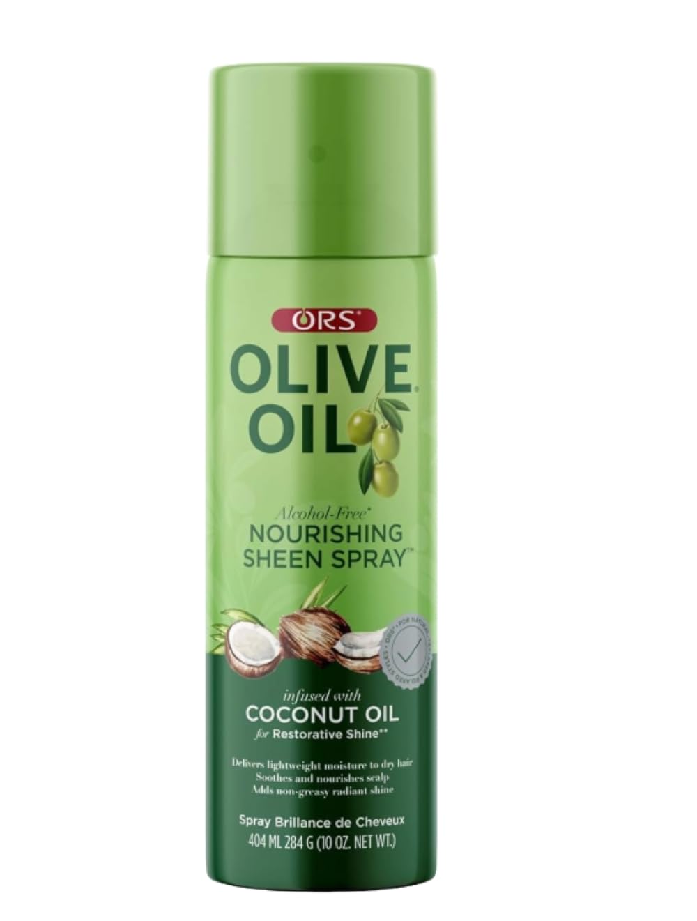 ORS Olive Oil Nourishing Sheen Spray bottle delivers lightweight shine for moisturized, non-greasy results.