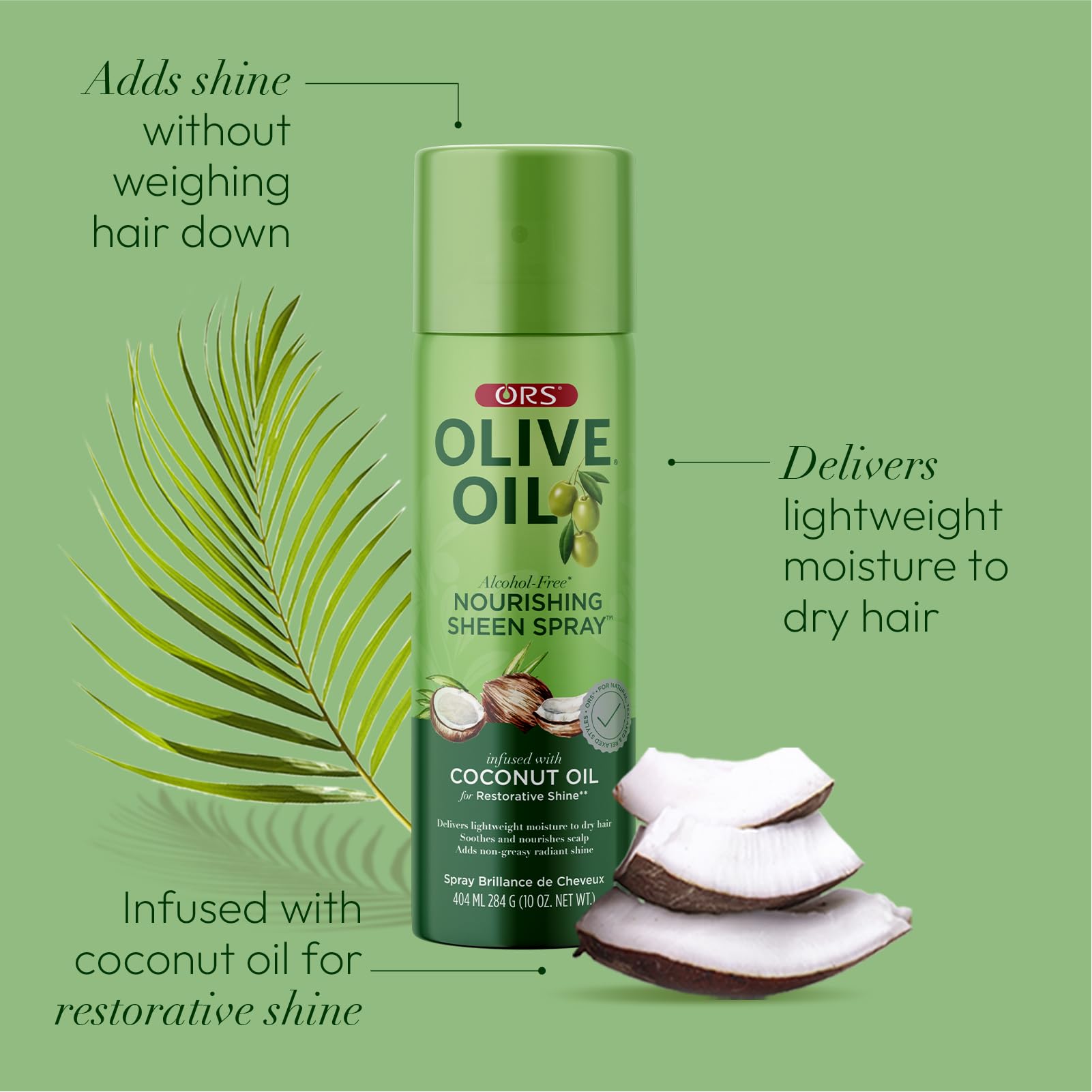 ORS Olive Oil Nourishing Sheen Spray close-up-ingredients shows natural oils boosting shine.