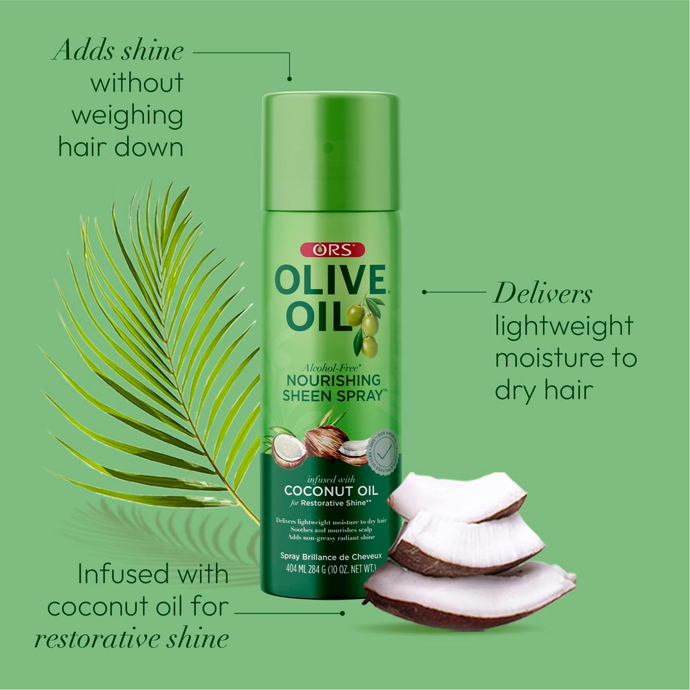 ORS Olive Oil Nourishing Sheen Spray close-up-ingredients shows natural oils boosting shine.