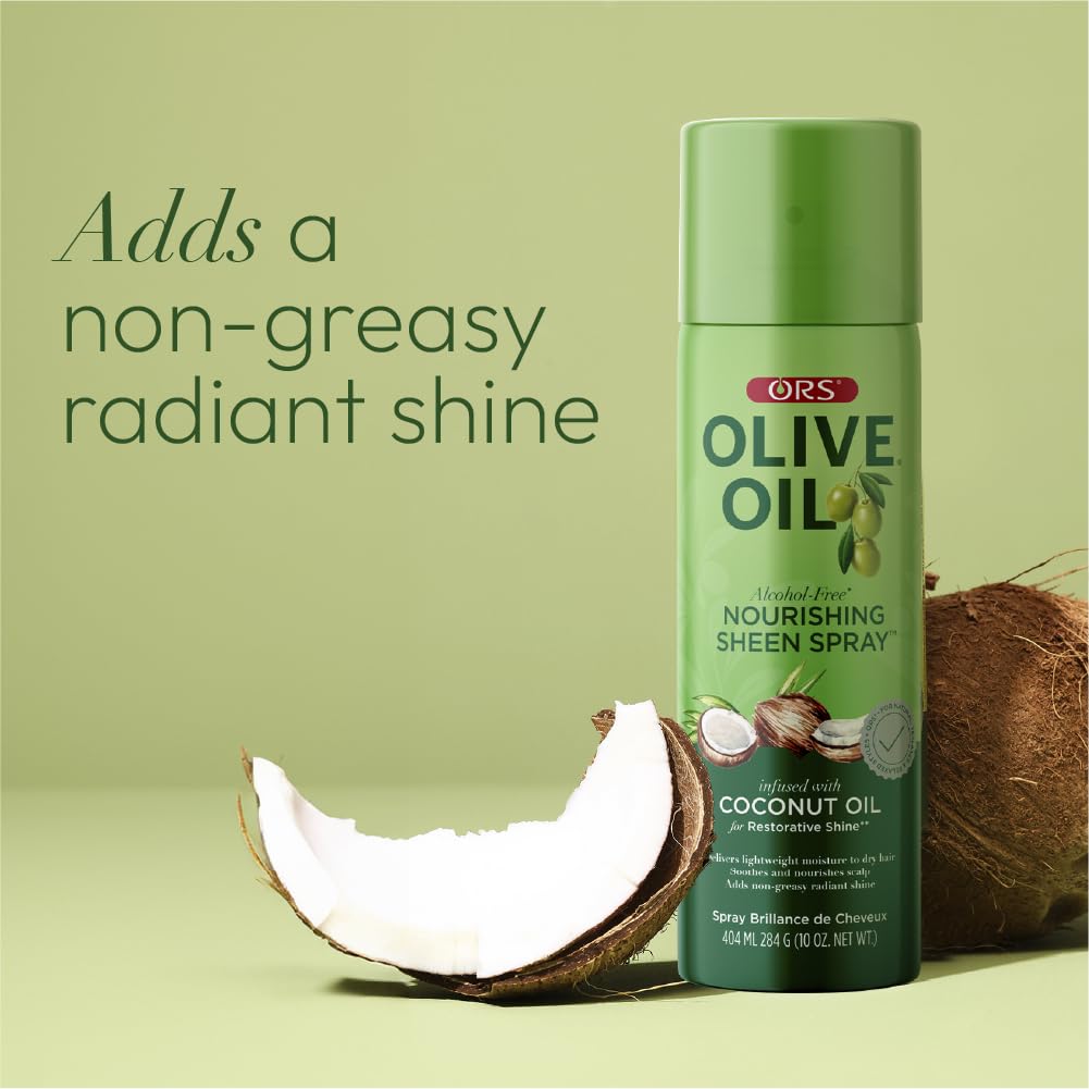 ORS Olive Oil Nourishing Sheen Spray on-curly-hair enhances definition with moisture.
