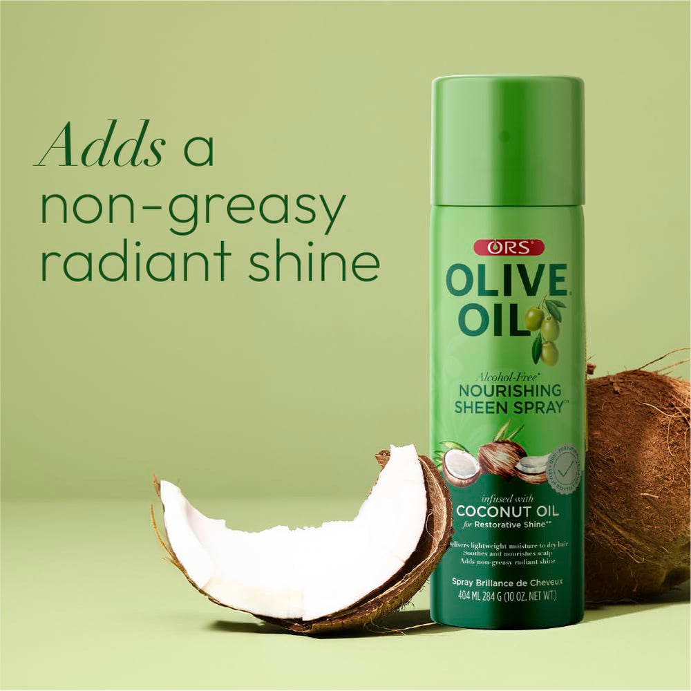 ORS Olive Oil Nourishing Sheen Spray on-curly-hair enhances definition with moisture.