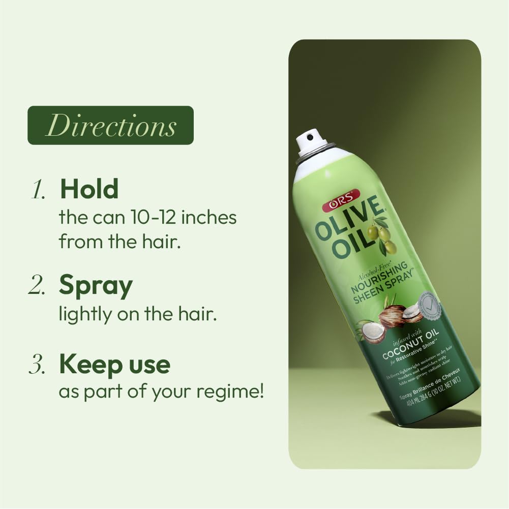 ORS Olive Oil Nourishing Sheen Spray bottle-application demonstrates quick daily care.