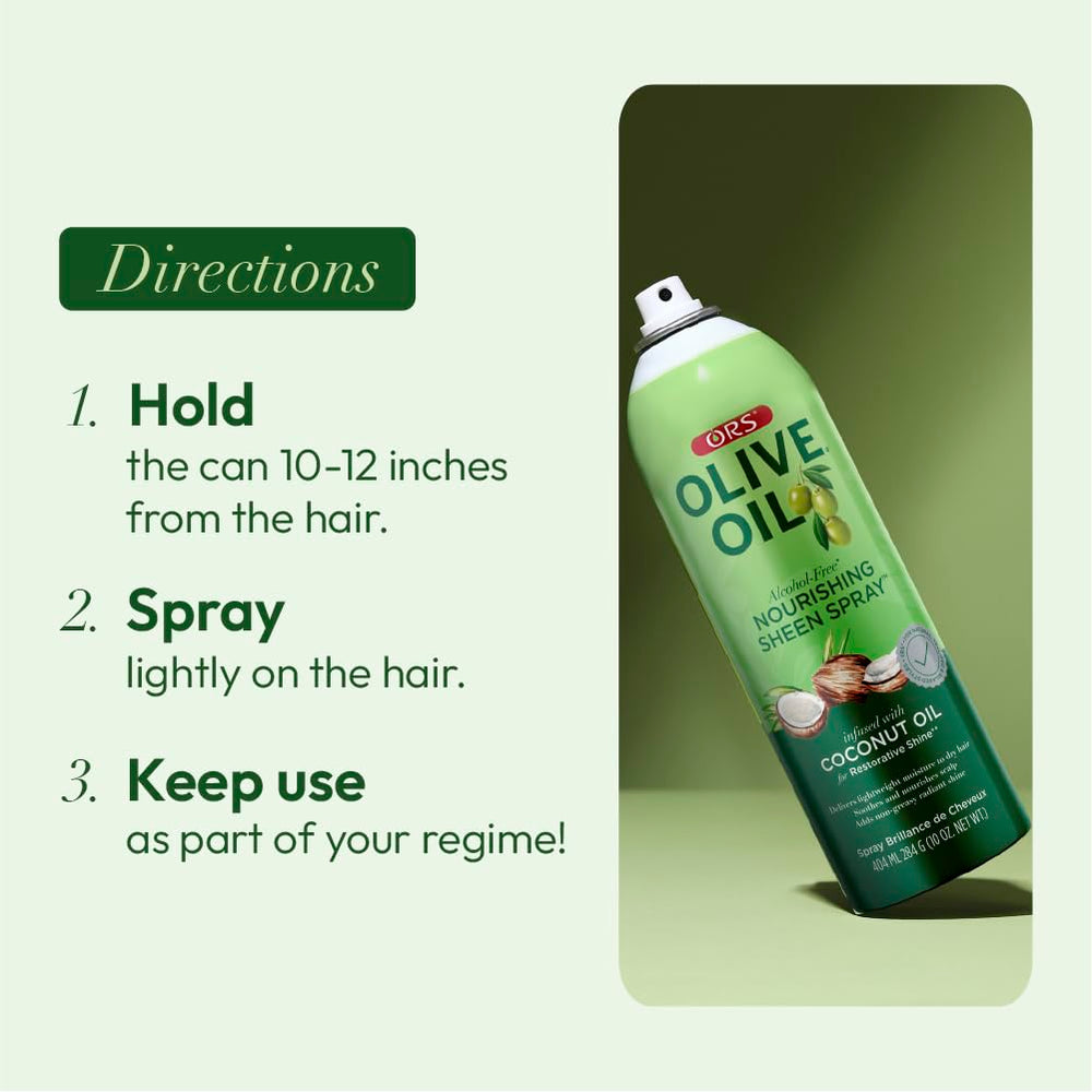 ORS Olive Oil Nourishing Sheen Spray bottle-application demonstrates quick daily care.