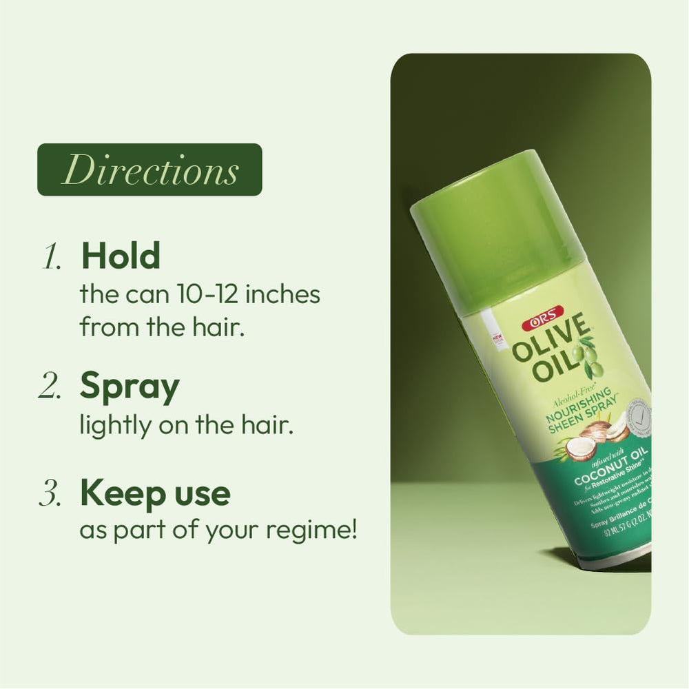 ORS Olive Oil Shine spray showcases a glossy finish for textured hair