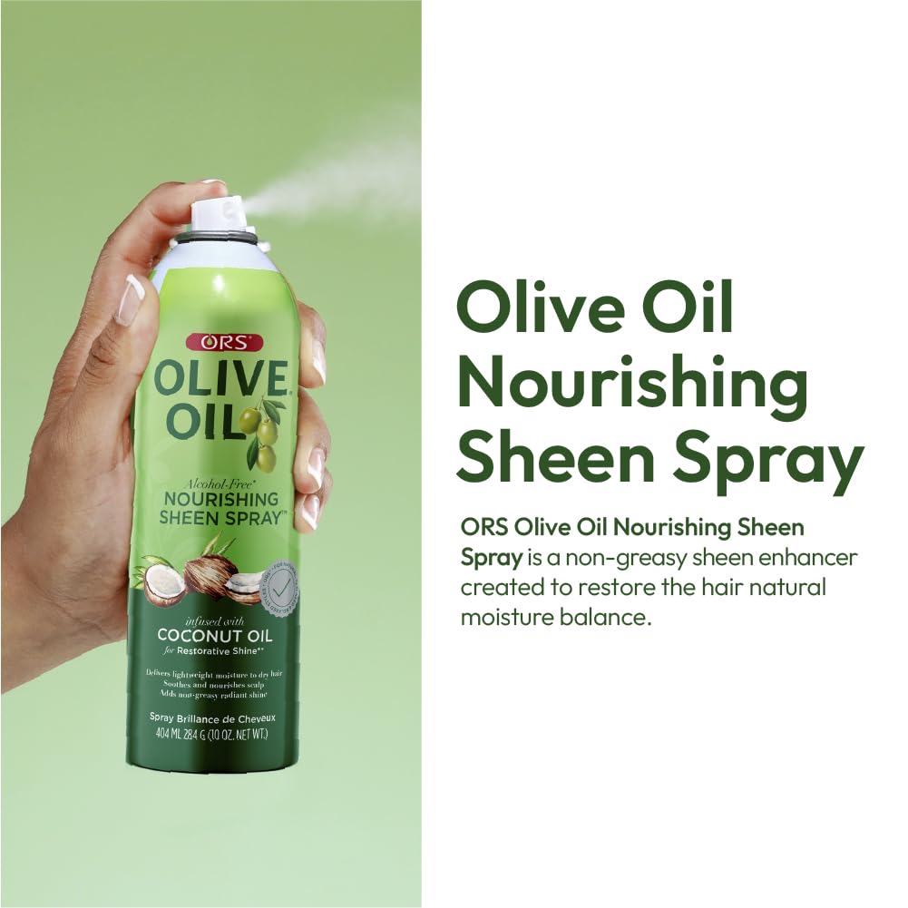 ORS Olive Oil Nourishing Sheen Spray ingredients highlight olive oil and coconut oil for moisture.