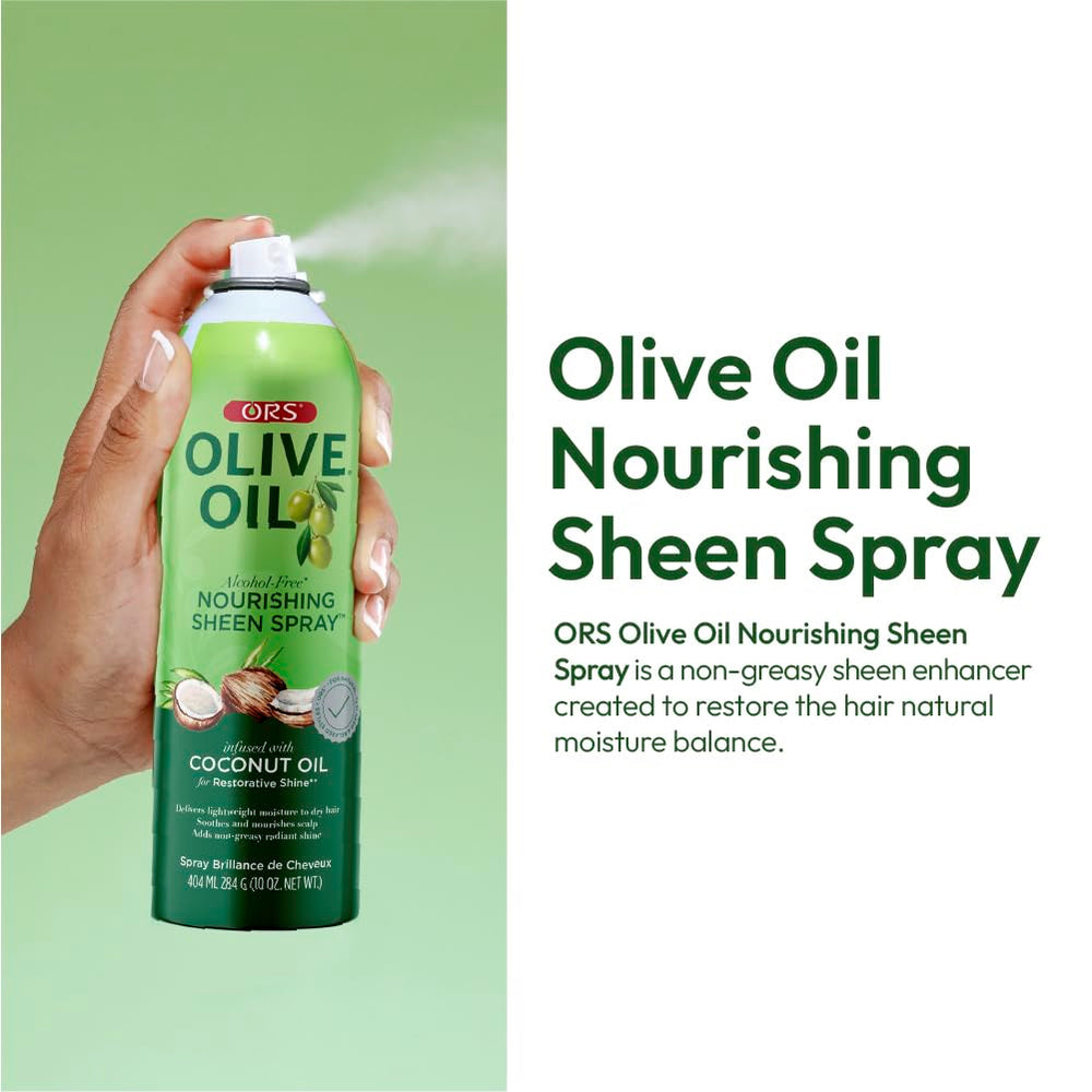 ORS Olive Oil Nourishing Sheen Spray ingredients highlight olive oil and coconut oil for moisture.