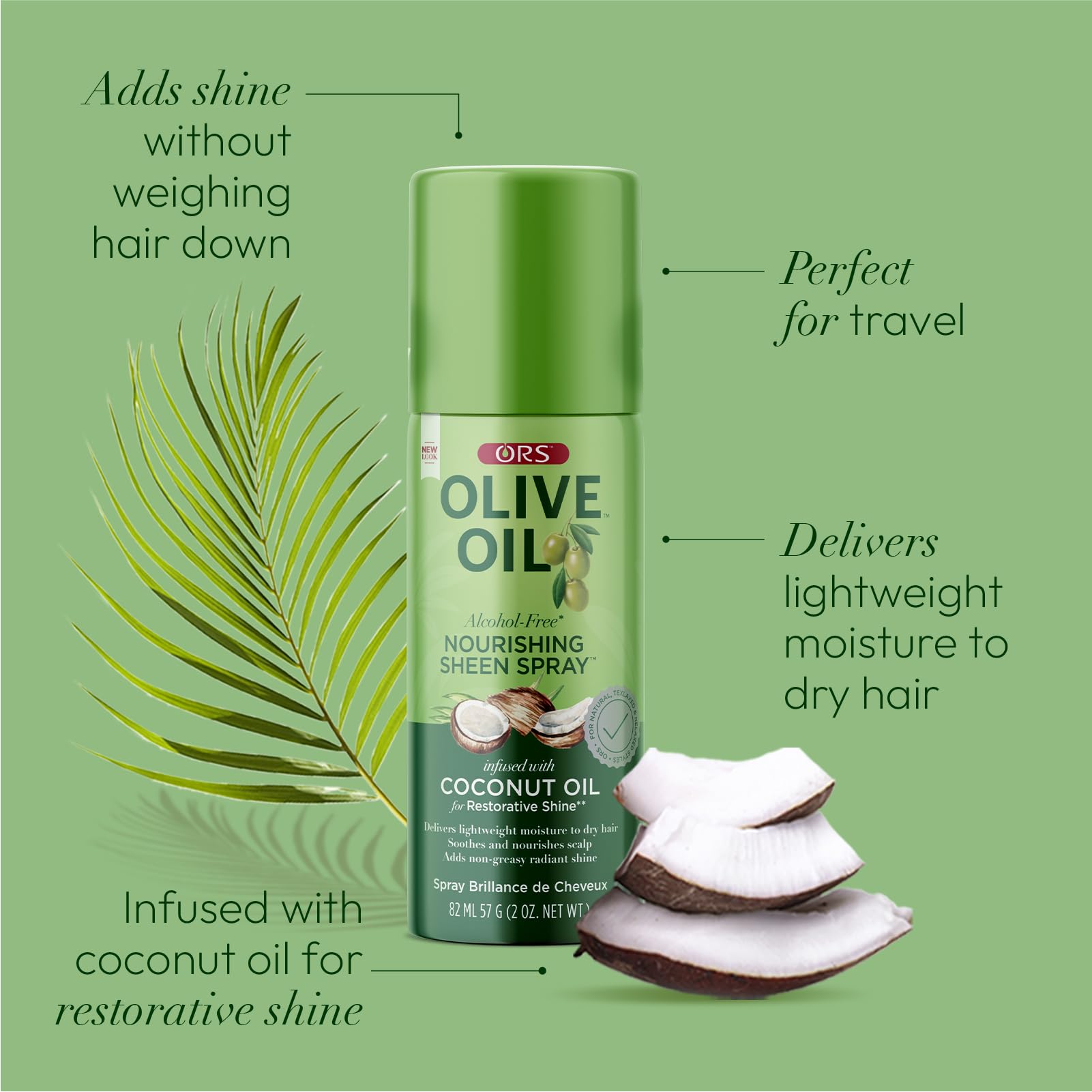 ORS Olive Oil Nourishing Sheen Spray mist on hair surface delivers silky softness