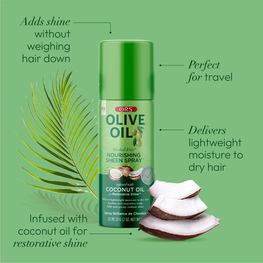 ORS Olive Oil Nourishing Sheen Spray mist on hair surface delivers silky softness