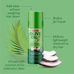 ORS Olive Oil Nourishing Sheen Spray mist on hair surface delivers silky softness